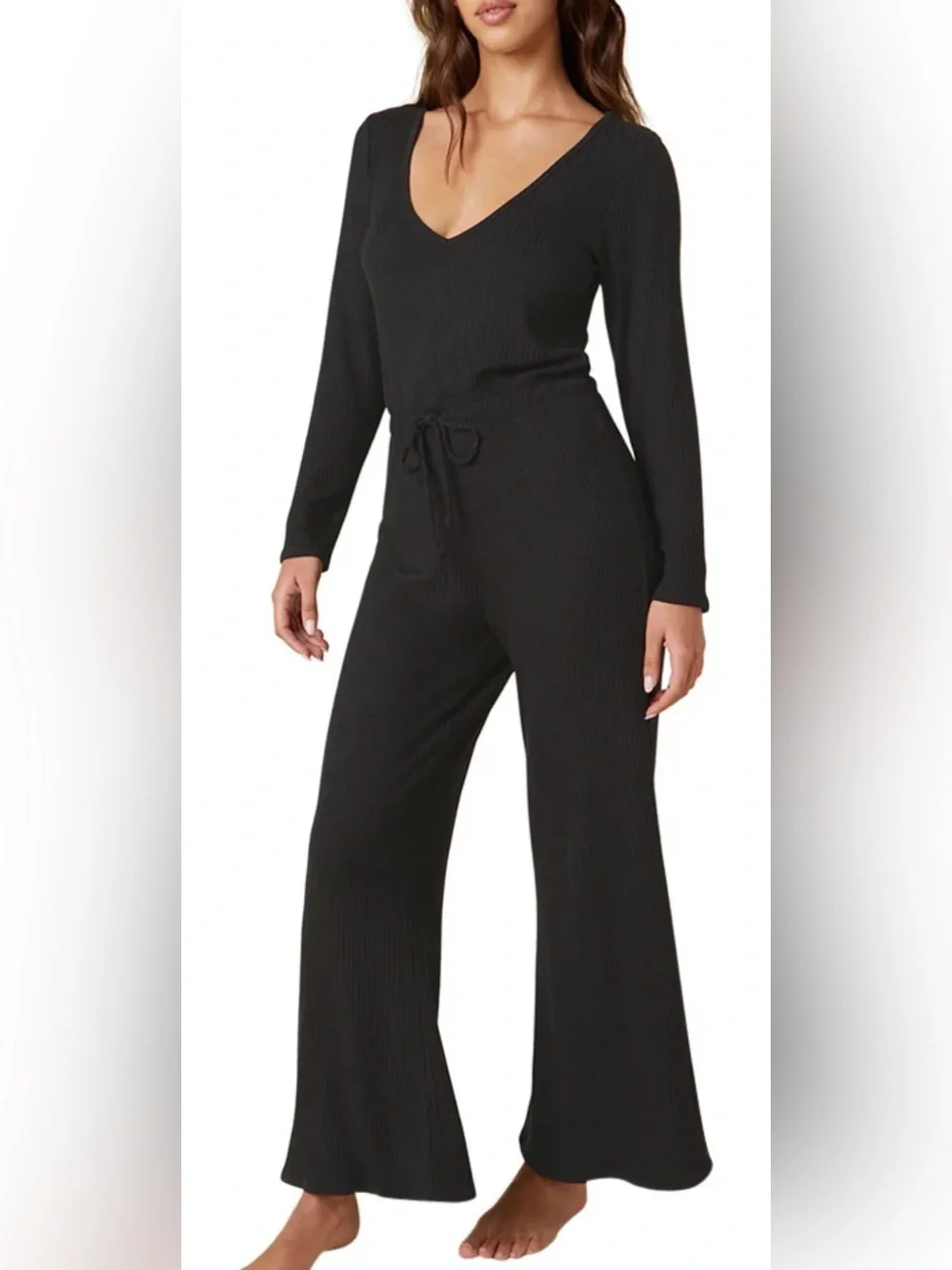 Beyond Yoga Draw the Line Ribbed Wide Leg Jumpsuit Black Medium